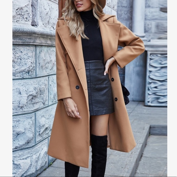 Double Breasted Button Trench Pea Coat Camel - Picture 2 of 7